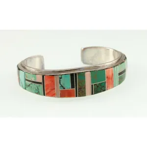 Vtg. Navajo Inlay with Orange Spiny, Turquoise & Black Jet Cuff Bracelet 53.9gr