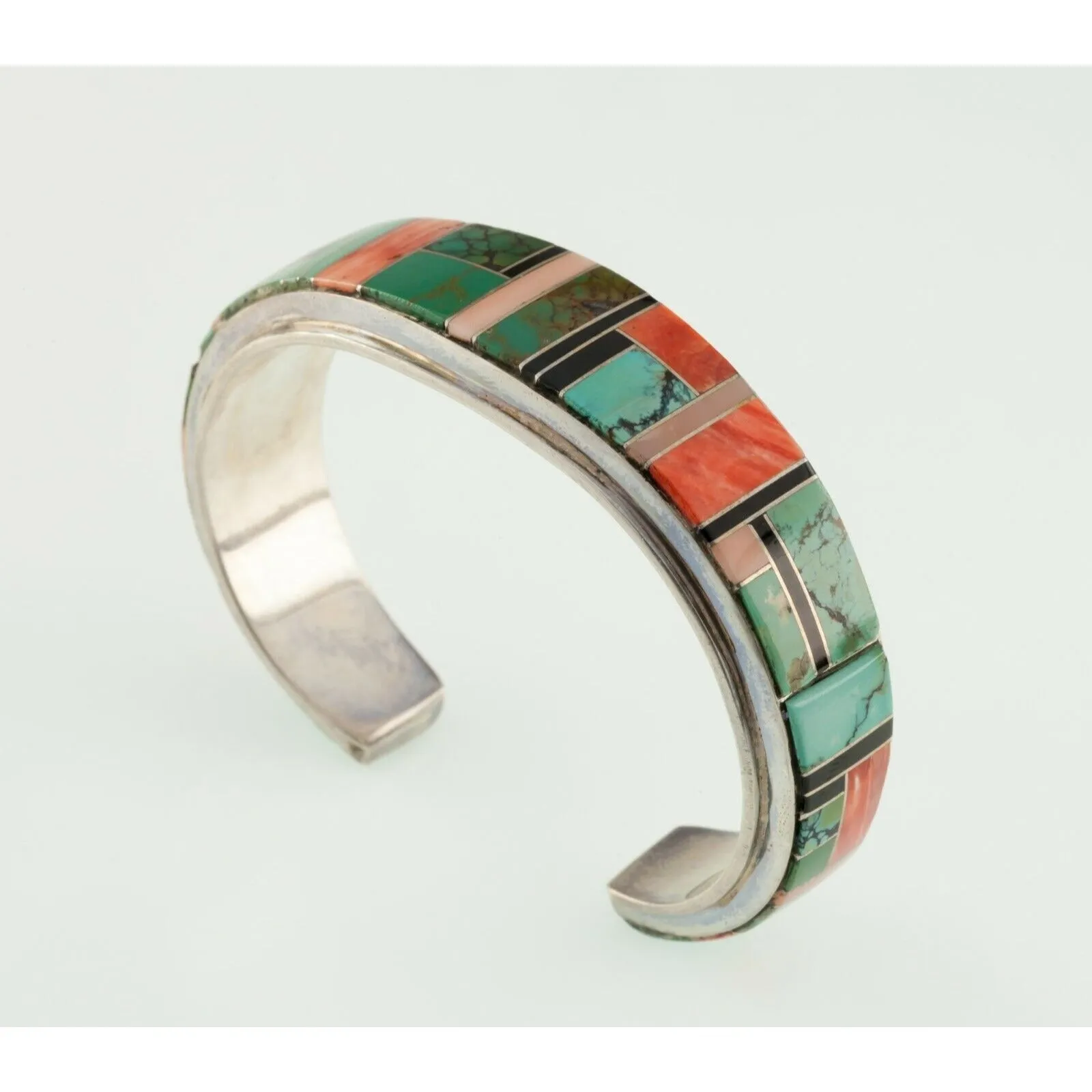 Vtg. Navajo Inlay with Orange Spiny, Turquoise & Black Jet Cuff Bracelet 53.9gr