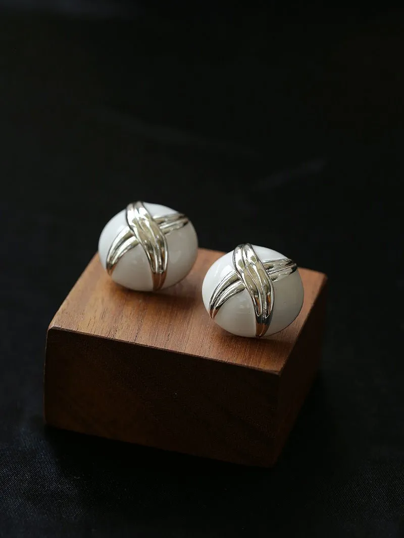 White Enamel Crossover Stud Earrings