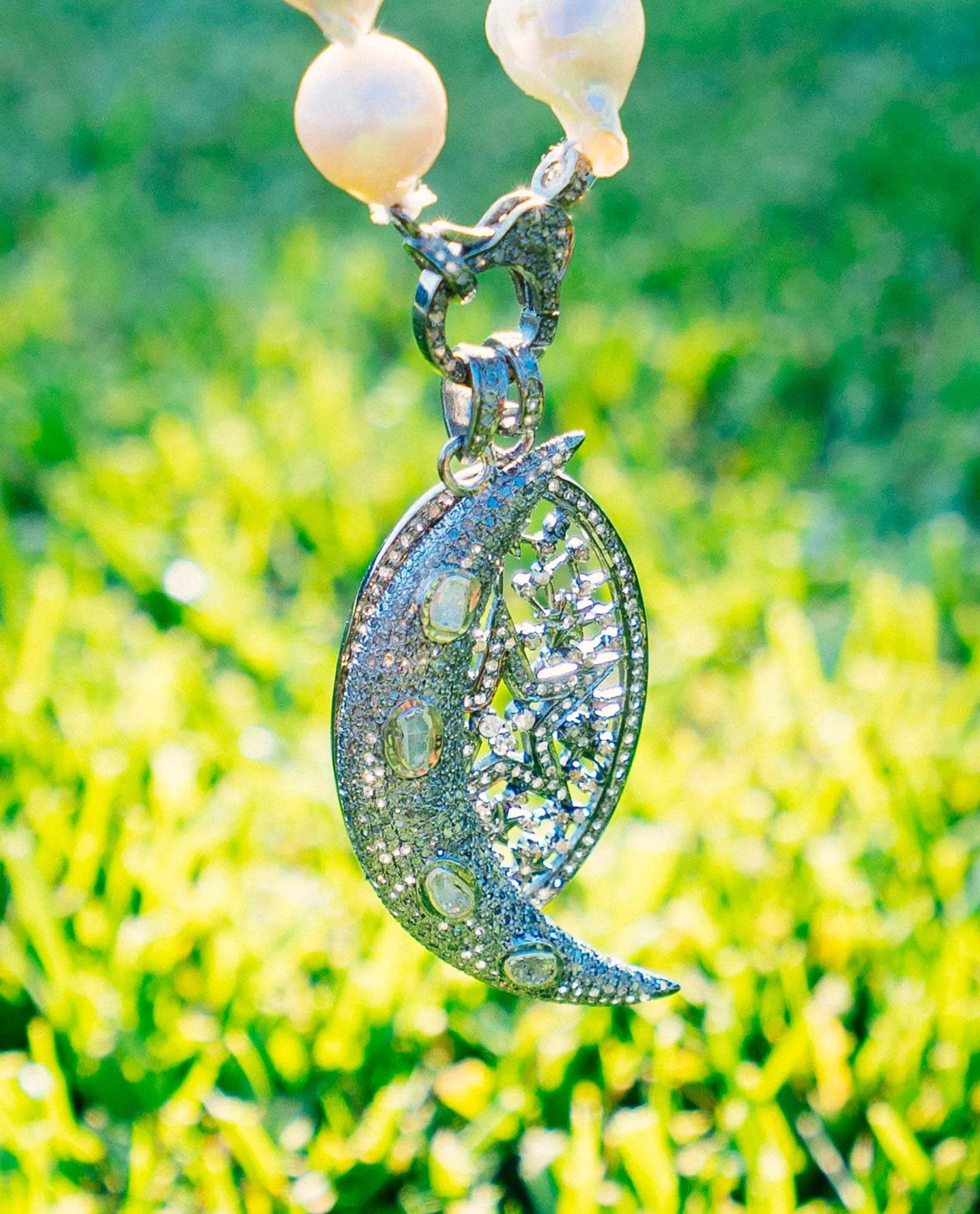 White Pearl13-15 mm Baroque Necklace with Diamond Clasp, Half Moon Diamond Pendant, Star Cluster Diamond Pendant