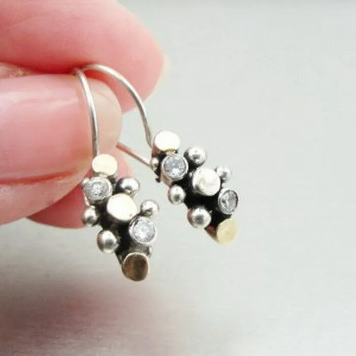 White Zircon Earrings 9k Yellow Gold 925 Silver Handmade Hadar Designers (I e440