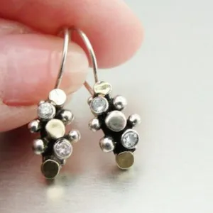 White Zircon Earrings 9k Yellow Gold 925 Silver Handmade Hadar Designers (I e440
