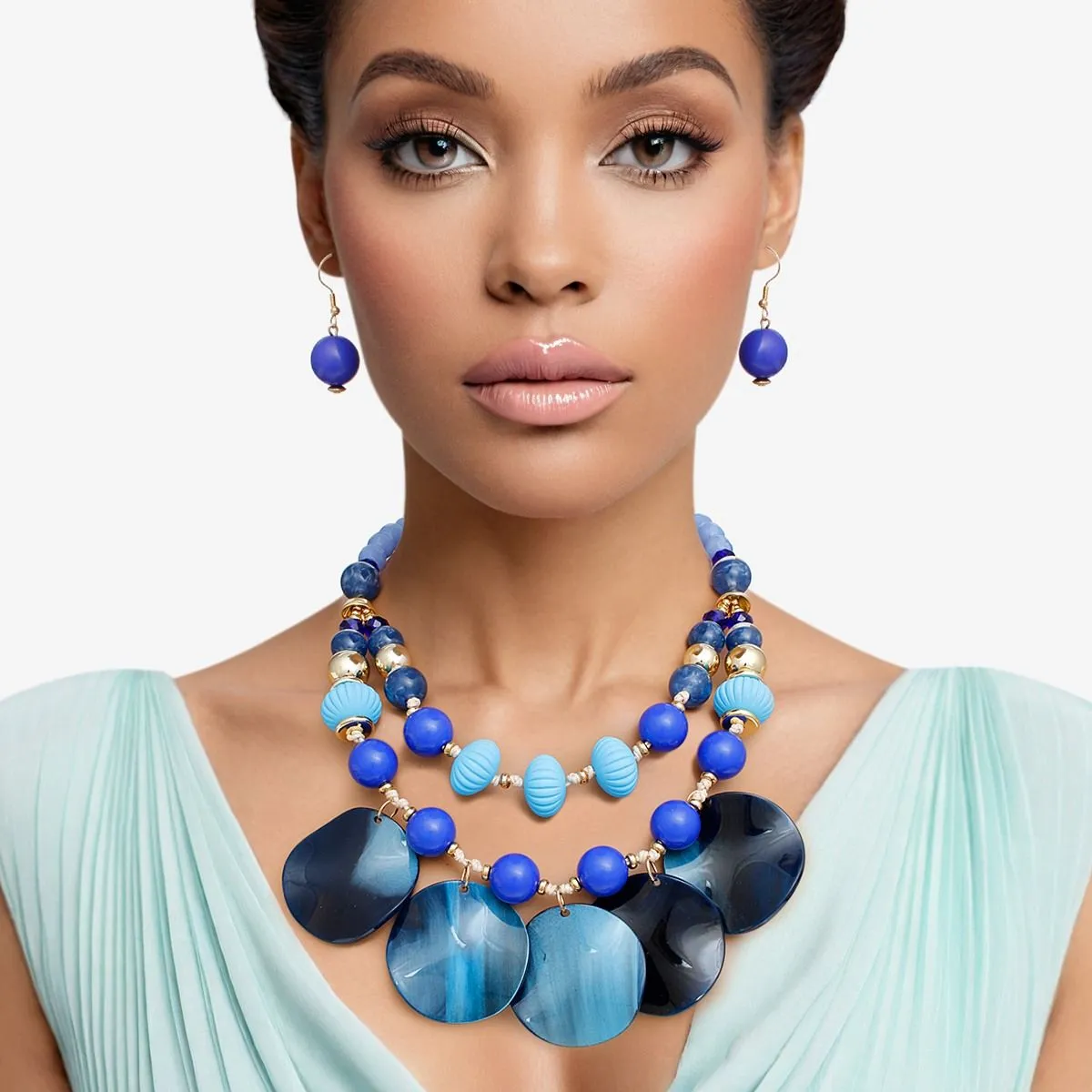 Women's Double Layer Blue Beaded Necklace Set with Marbled Disc Drops and Matching Earrings