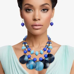 Women's Double Layer Blue Beaded Necklace Set with Marbled Disc Drops and Matching Earrings