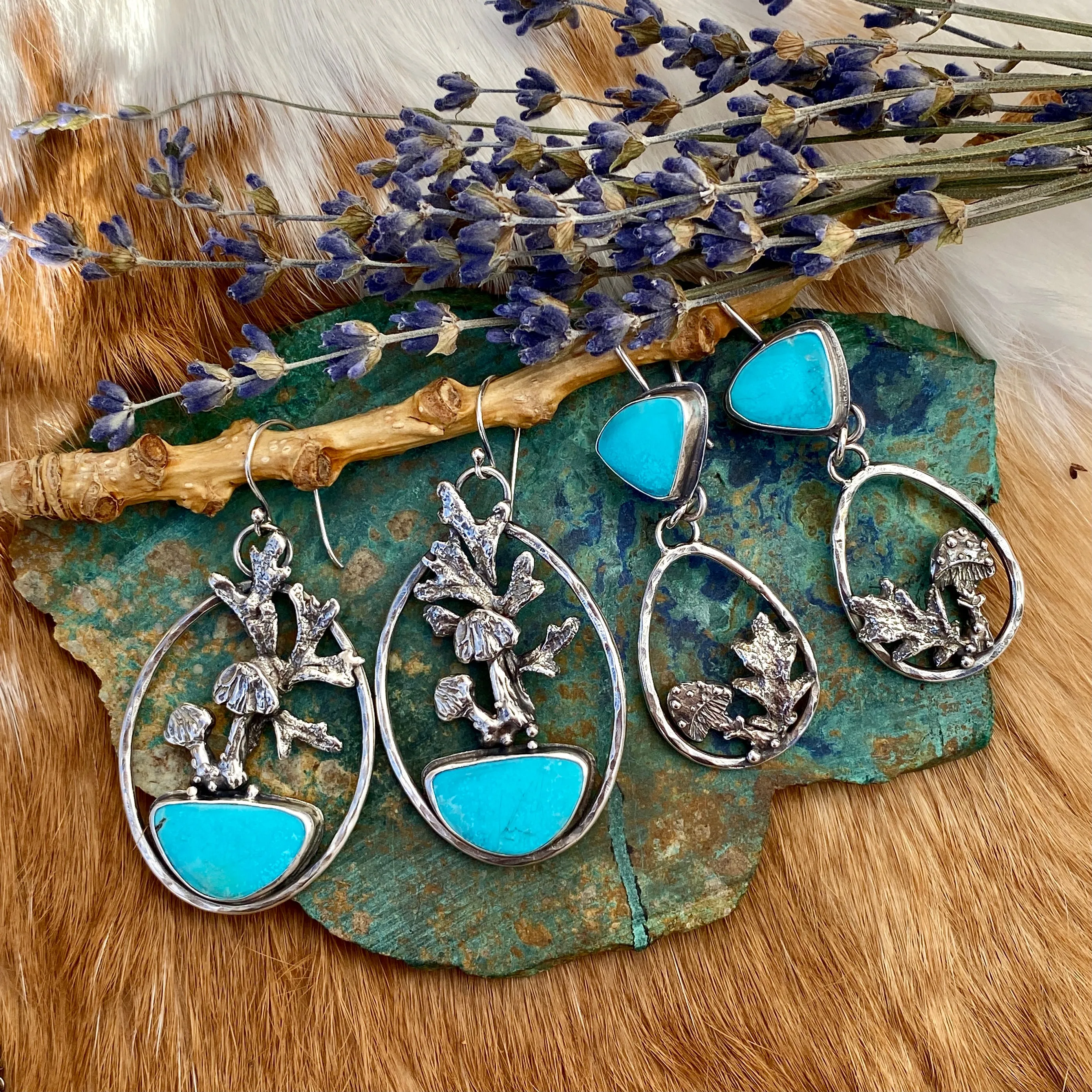 Woodland Mushrooms and Kingman Turquoise hand cast Sterling Silver Earrings