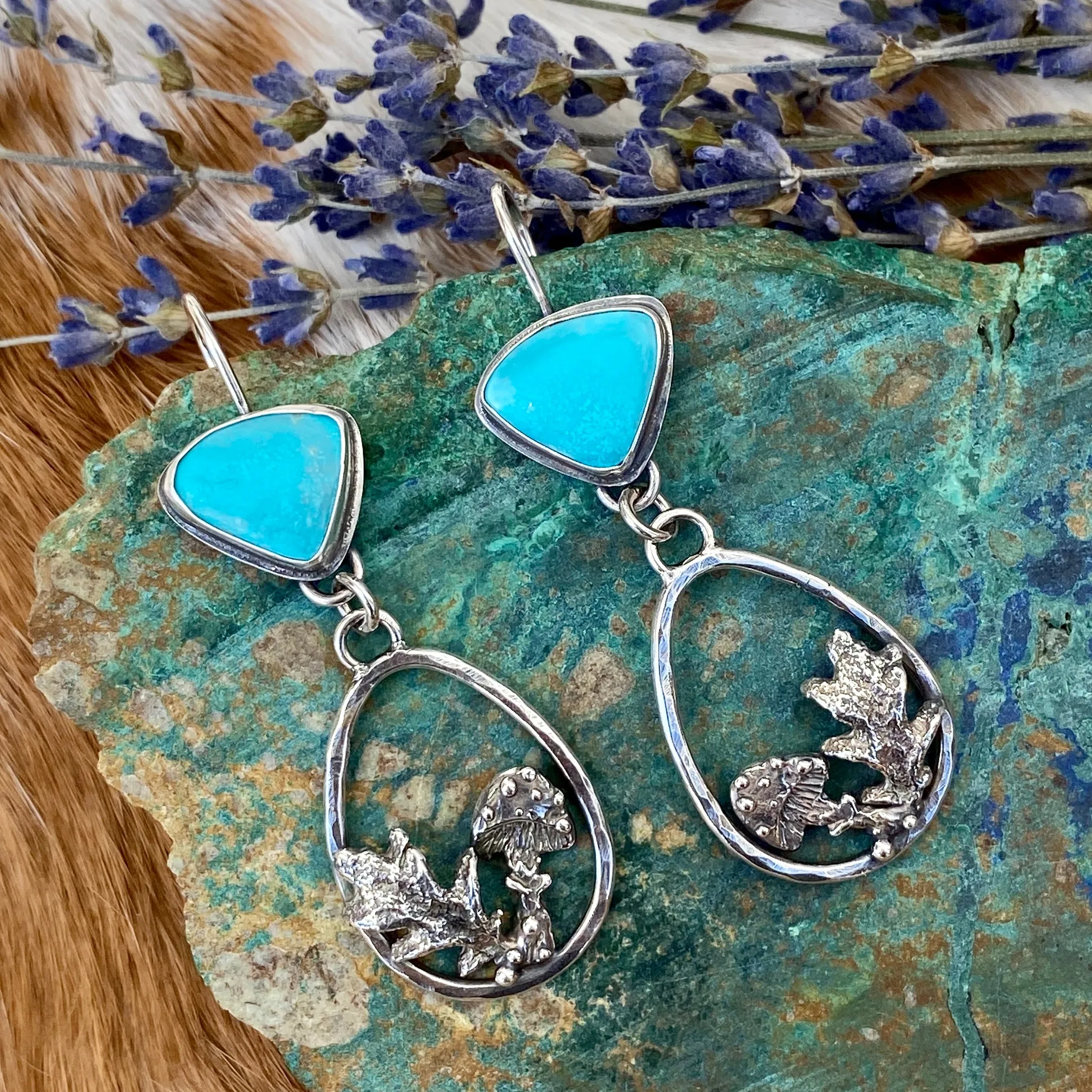Woodland Mushrooms and Kingman Turquoise hand cast Sterling Silver Earrings
