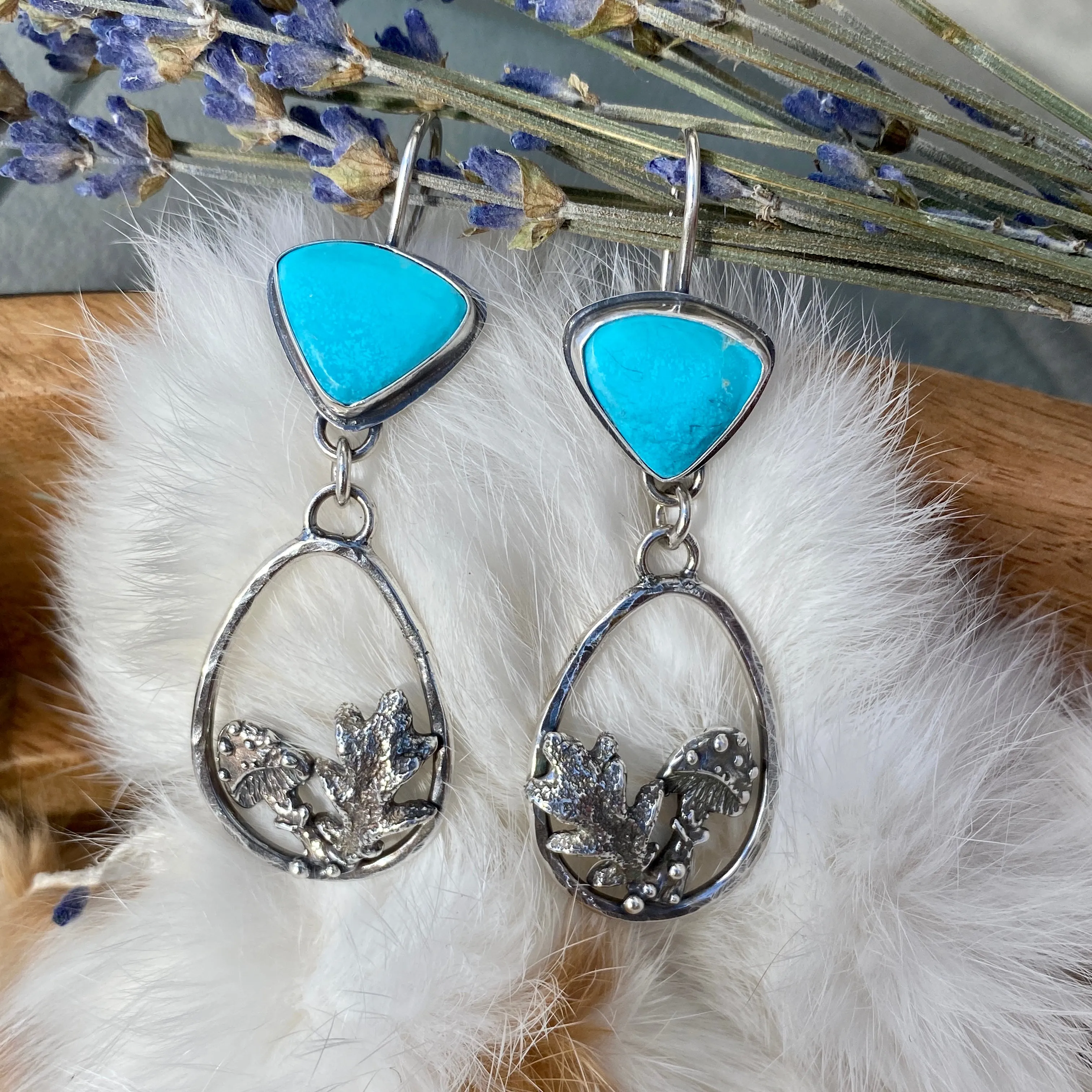 Woodland Mushrooms and Kingman Turquoise hand cast Sterling Silver Earrings