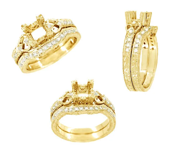 Yellow Gold Antique Style Loving Hearts Contoured Engraved Wheat Diamond Art Deco Wedding Ring