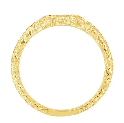 Yellow Gold Antique Style Loving Hearts Contoured Engraved Wheat Diamond Art Deco Wedding Ring