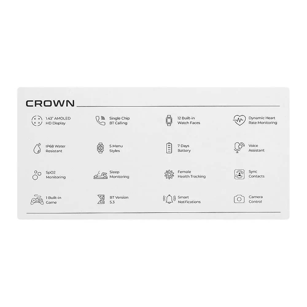 Zero 1.43" Amoled HD Display Crown Smart Watch, IP68 Water Resistant, Black Leather